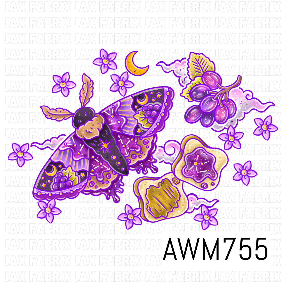 This whimsical PNG features a celestial moth surrounded by glowing purple flowers, clusters of grapes, crescent moons, sparkling stars, wispy clouds, and decorative toast-shaped accents. Rich shades of violet, lavender, gold, and cream create a dreamy, magical aesthetic with intricate hand-drawn details and a soft enchanted glow.