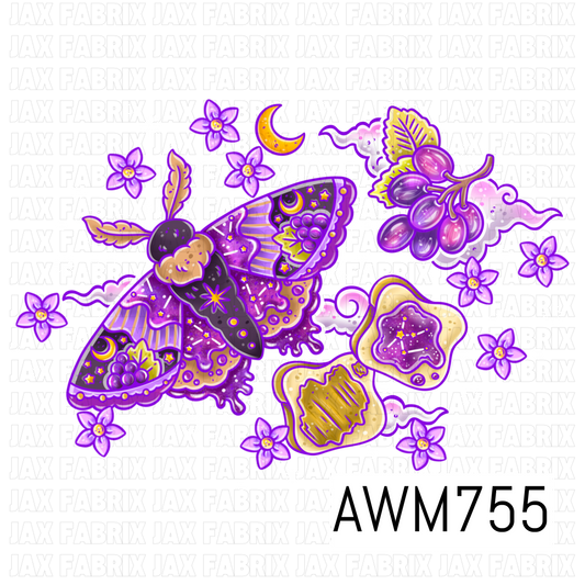 This whimsical PNG features a celestial moth surrounded by glowing purple flowers, clusters of grapes, crescent moons, sparkling stars, wispy clouds, and decorative toast-shaped accents. Rich shades of violet, lavender, gold, and cream create a dreamy, magical aesthetic with intricate hand-drawn details and a soft enchanted glow.
