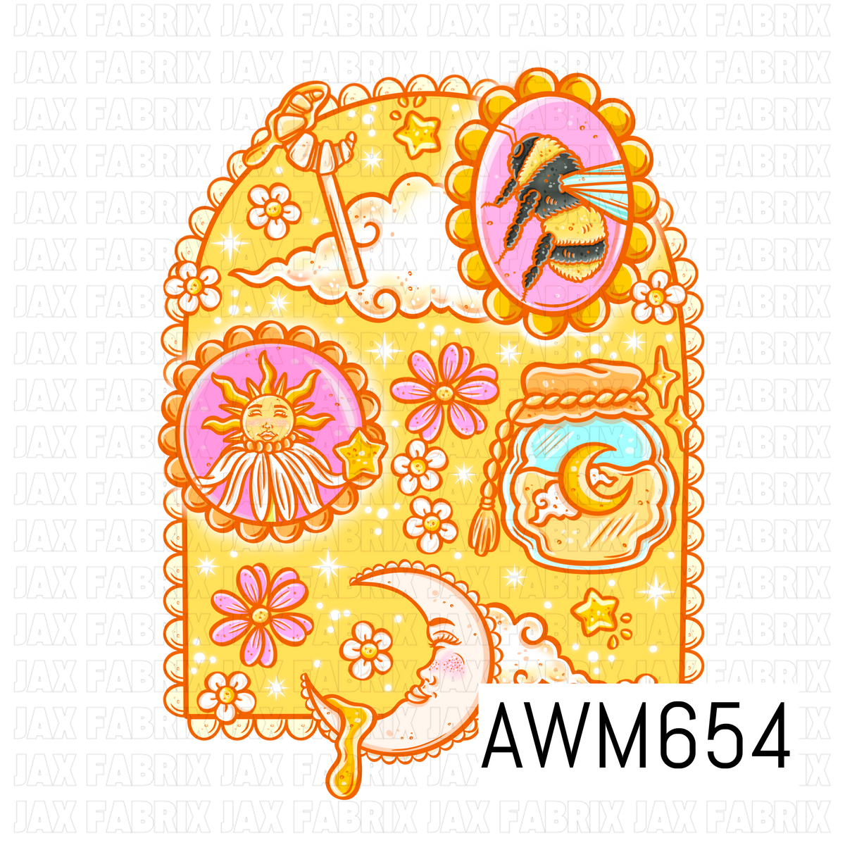 A whimsical celestial PNG design featuring a fluffy bumblebee, smiling sun and moon faces, dreamy clouds, pink flowers and sparkling stars. Bright golden yellow, bubblegum pink, aqua and orange give it a cheerful retro feel.