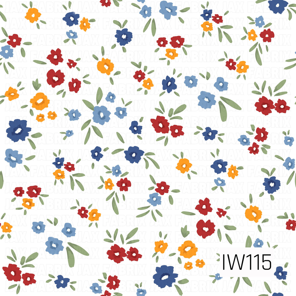 A charming scattered floral pattern featuring hand-painted blossoms in rich red, deep navy blue, dusty blue, and warm golden orange. The flowers vary in size and are accented with soft olive green leaves and delicate greenery, creating a playful, airy arrangement against a crisp white background. The textured brushstroke details give this design a sweet, vintage-inspired cottage feel.