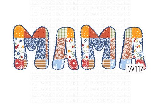 A charming patchwork-inspired MAMA PNG featuring bold, rounded letters filled with a mix of vintage florals, gingham checks, delicate ditsy prints, ornate blue scrollwork, and playful stripes. The design combines warm orange, rustic red, navy blue, sage green, and soft powder blue, with contrasting patterns in each letter. Finished with a scalloped navy outline and delicate white faux stitching for a cozy, quilt-inspired look.