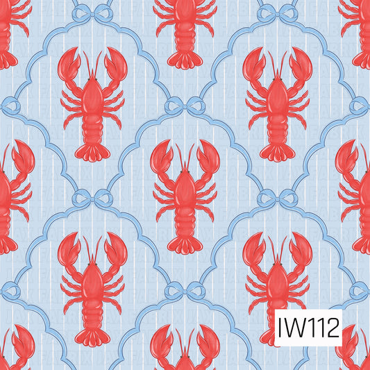 A charming preppy nautical seamless pattern featuring bright red lobsters framed by scalloped blue borders adorned with delicate matching bows. The repeating design sits against a soft powder blue background with subtle, thin white vertical stripes, creating a playful coastal look with a feminine, classic seaside feel.
