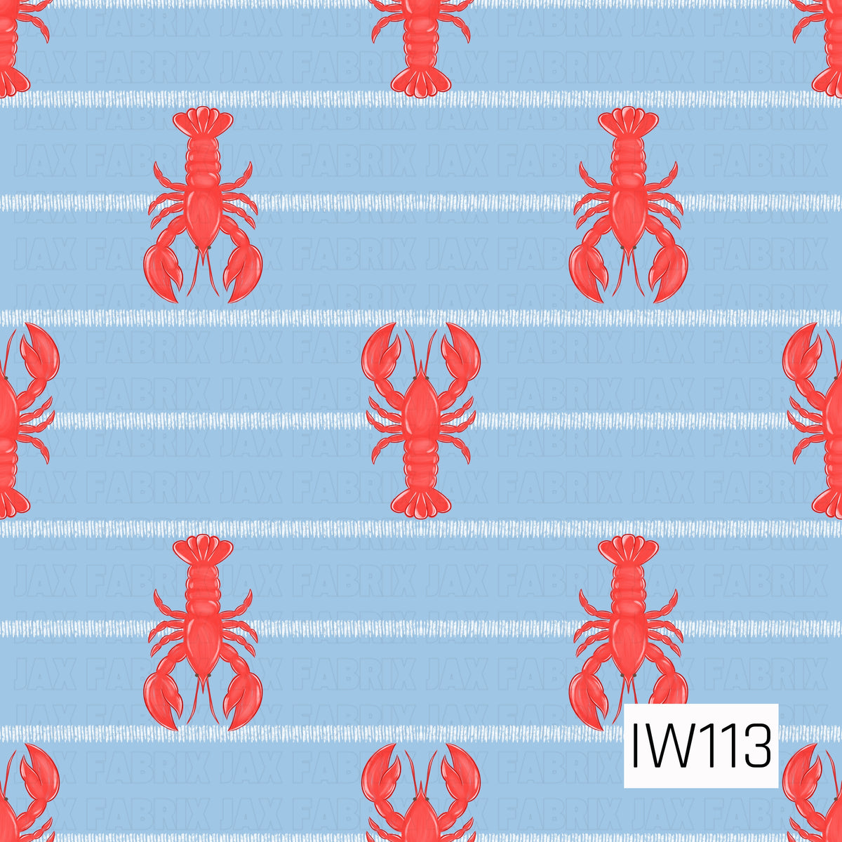 A playful nautical seamless pattern featuring bright red lobsters arranged in alternating upright and upside-down directions across a soft powder blue background. Thin, textured white horizontal stripes separate the rows of lobsters, adding a subtle hand-drawn touch. The bold red and blue color combination creates a classic coastal design with a fun, preppy seaside feel.