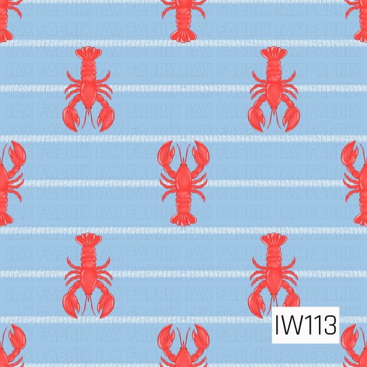 A playful nautical seamless pattern featuring bright red lobsters arranged in alternating upright and upside-down directions across a soft powder blue background. Thin, textured white horizontal stripes separate the rows of lobsters, adding a subtle hand-drawn touch. The bold red and blue color combination creates a classic coastal design with a fun, preppy seaside feel.