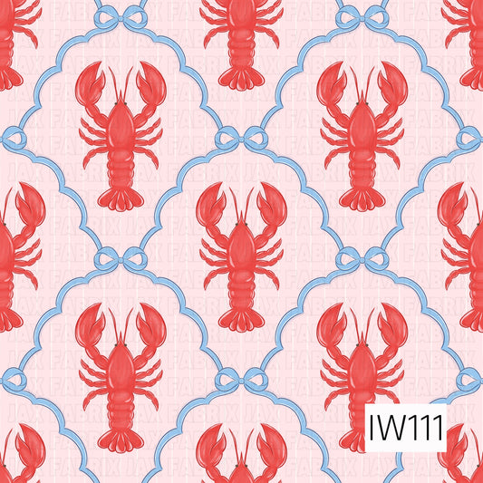 A playful coastal-inspired seamless pattern featuring bright red lobsters framed by scalloped light blue borders accented with delicate blue bows. The lobsters are arranged in a repeating layout against a soft blush pink background with subtle vertical stripes, creating a charming preppy nautical design with a feminine, whimsical touch.