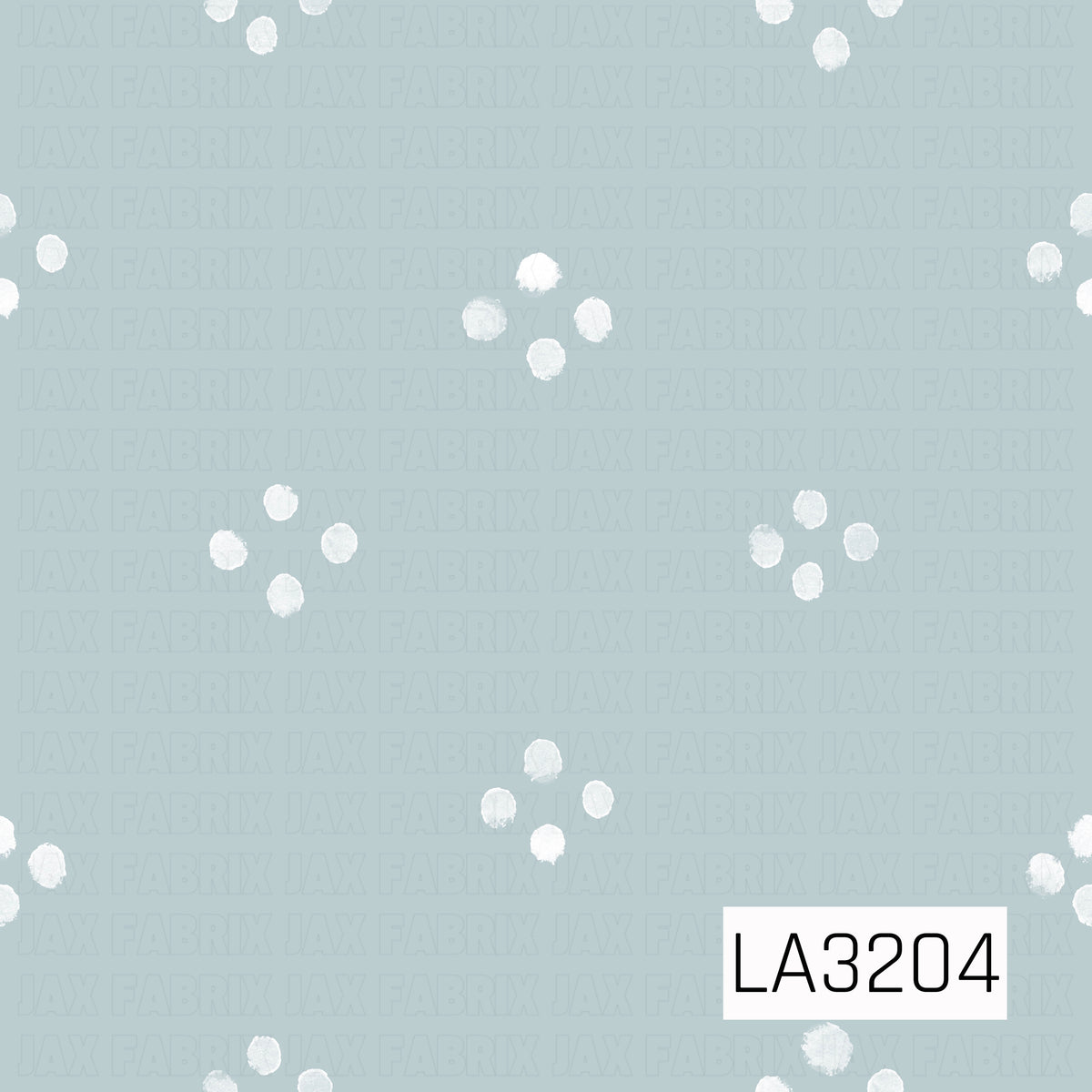 A simple, minimal pattern featuring small clusters of hand-painted white dots scattered across a soft dusty blue background. The imperfect painted texture gives the dots a sweet, organic feel.

