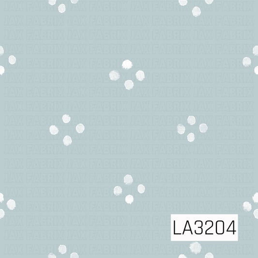 A simple, minimal pattern featuring small clusters of hand-painted white dots scattered across a soft dusty blue background. The imperfect painted texture gives the dots a sweet, organic feel.
