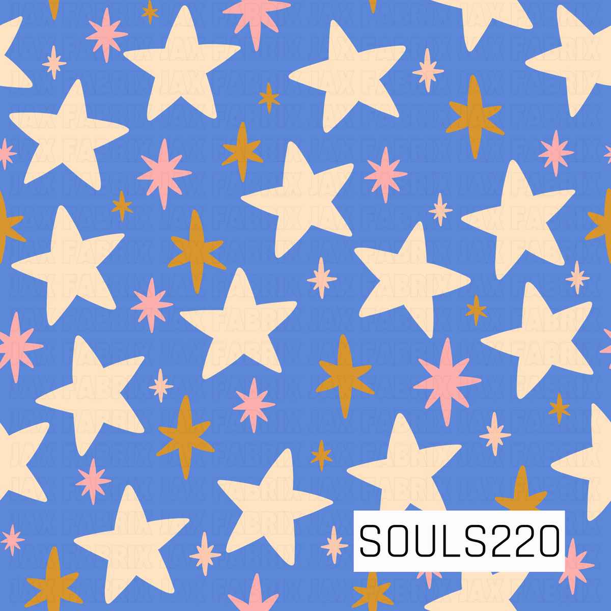 A playful retro star pattern featuring oversized cream stars mixed with smaller pink, peach, and golden starbursts on a bright periwinkle blue background.