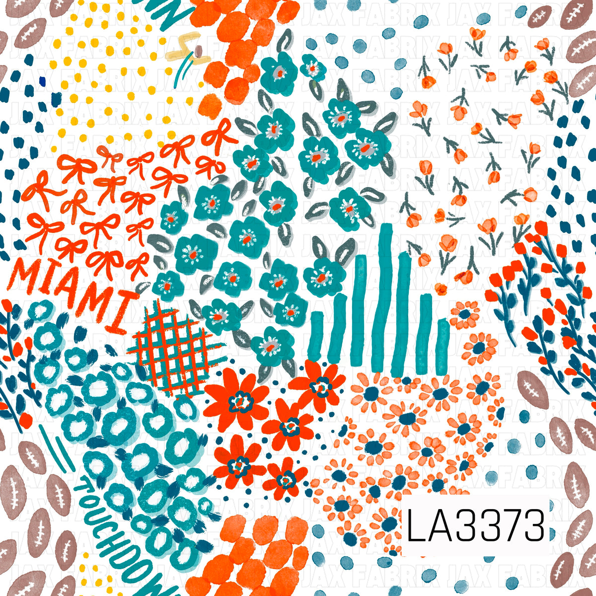 A playful Miami football-inspired print featuring bright aqua, orange, navy, and pops of golden yellow. Hand-painted florals, bows, footballs, scattered dots, stripes, and abstract brushstrokes are mixed with “Miami” and “Touchdown” lettering for a colorful, feminine game day look.
