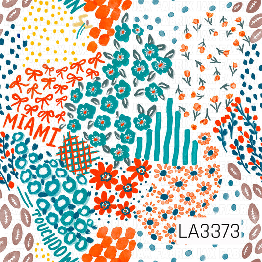 A playful Miami football-inspired print featuring bright aqua, orange, navy, and pops of golden yellow. Hand-painted florals, bows, footballs, scattered dots, stripes, and abstract brushstrokes are mixed with “Miami” and “Touchdown” lettering for a colorful, feminine game day look.
