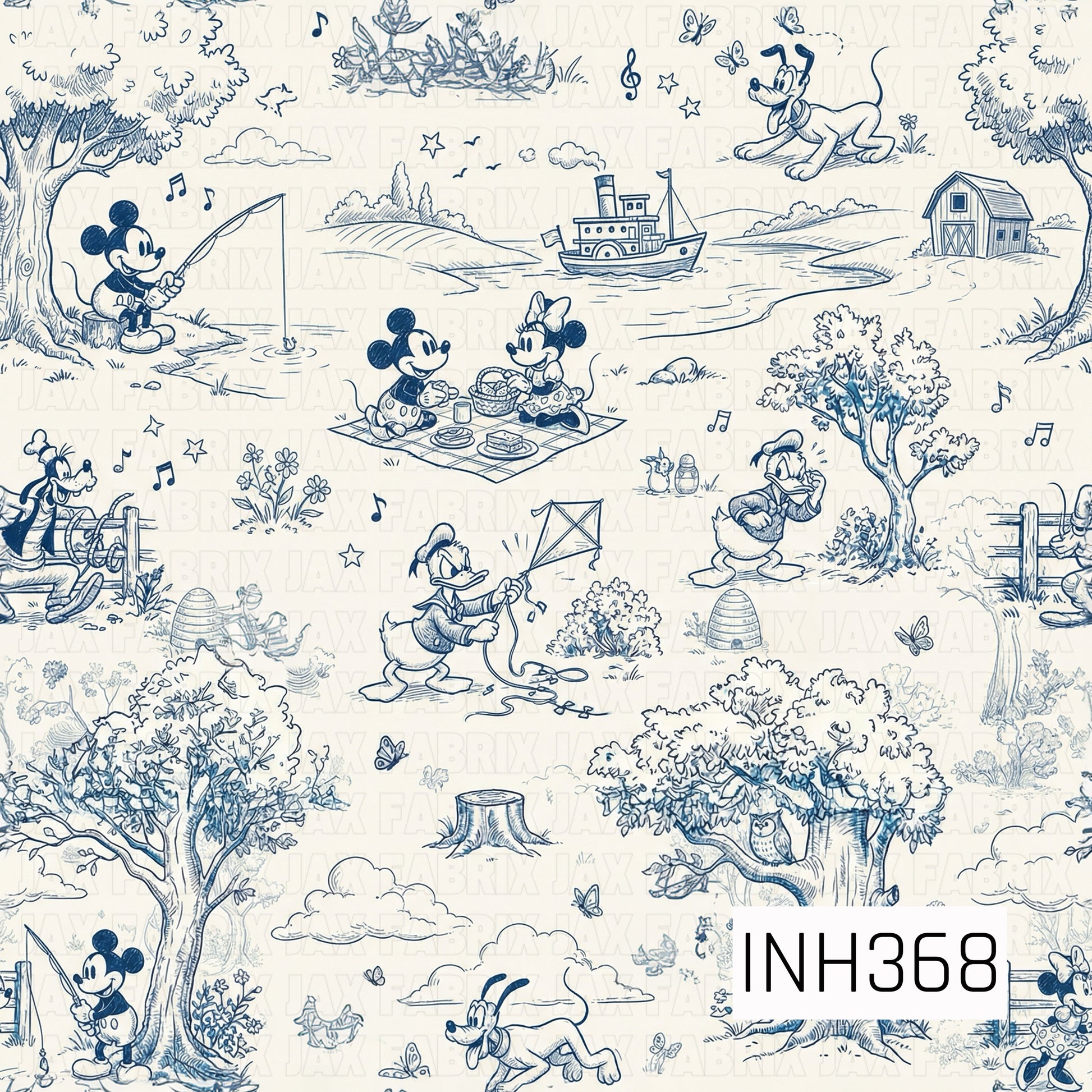 A seamless monochromatic blue sketch pattern featuring charming vintage-style cartoon scenes set in a peaceful countryside. Playful woodland adventures, picnics, fishing, boating, kite flying, farm animals, trees, butterflies, musical notes, and rustic landscapes are illustrated in a classic hand-drawn toile style on a soft cream background, creating a nostalgic storybook feel.
