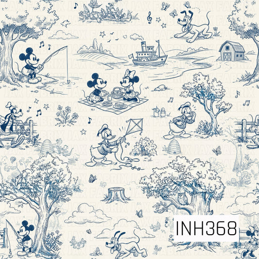 A seamless monochromatic blue sketch pattern featuring charming vintage-style cartoon scenes set in a peaceful countryside. Playful woodland adventures, picnics, fishing, boating, kite flying, farm animals, trees, butterflies, musical notes, and rustic landscapes are illustrated in a classic hand-drawn toile style on a soft cream background, creating a nostalgic storybook feel.
