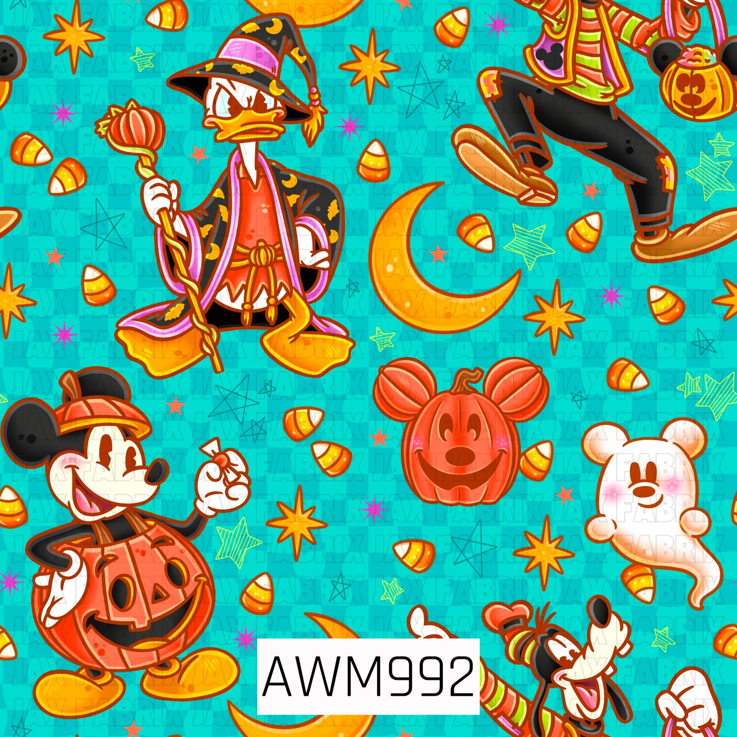 A playful Halloween pattern featuring pumpkins, candy corn, smiling ghosts, crescent moons, colorful stars, and cartoon-inspired characters dressed in festive costumes on a bright teal background. The design is filled with bold orange, yellow, and purple accents for a fun, magical Halloween feel.
