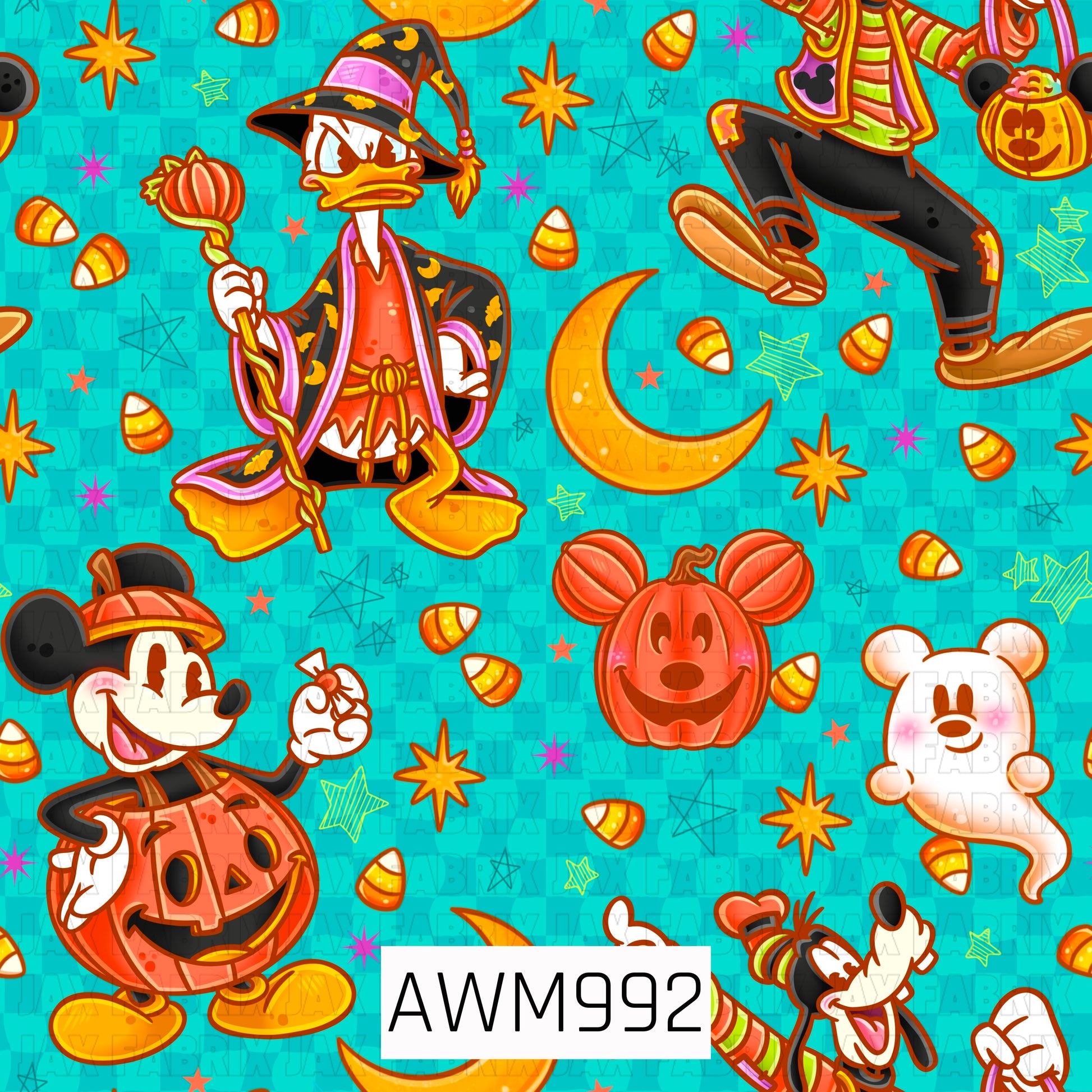 A playful Halloween pattern featuring pumpkins, candy corn, smiling ghosts, crescent moons, colorful stars, and cartoon-inspired characters dressed in festive costumes on a bright teal background. The design is filled with bold orange, yellow, and purple accents for a fun, magical Halloween feel.
