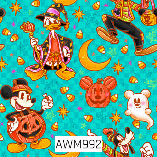 A playful Halloween pattern featuring pumpkins, candy corn, smiling ghosts, crescent moons, colorful stars, and cartoon-inspired characters dressed in festive costumes on a bright teal background. The design is filled with bold orange, yellow, and purple accents for a fun, magical Halloween feel.
