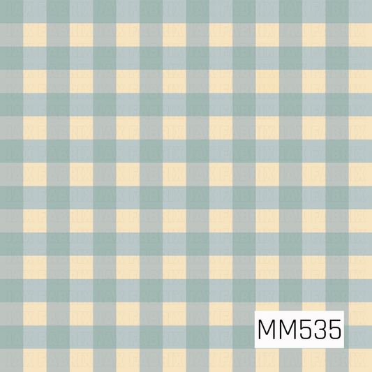 A soft and classic gingham plaid pattern featuring alternating squares of muted sage green, dusty blue-gray, and warm buttery cream. Wide horizontal and vertical bands overlap to create a charming checkered design with subtle variations in color. The gentle, earthy tones give this timeless pattern a cozy, vintage-inspired feel.