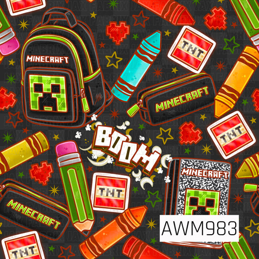 Gamer-inspired back-to-school design featuring a black background with neon green, red, orange, yellow, and turquoise accents. Includes gaming-themed school essentials such as a pixel-style backpack, pencil pouch, notebook, pencils, crayons, TNT blocks, pixel hearts, stars, and explosive graphics. Perfect for gamers and back-to-school themed bows, apparel, accessories, and craft projects.
