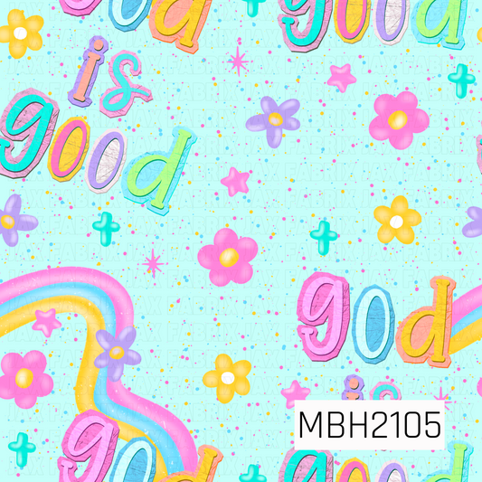 Colorful pattern with 'god is good' text and flowers on a light blue speckled background.