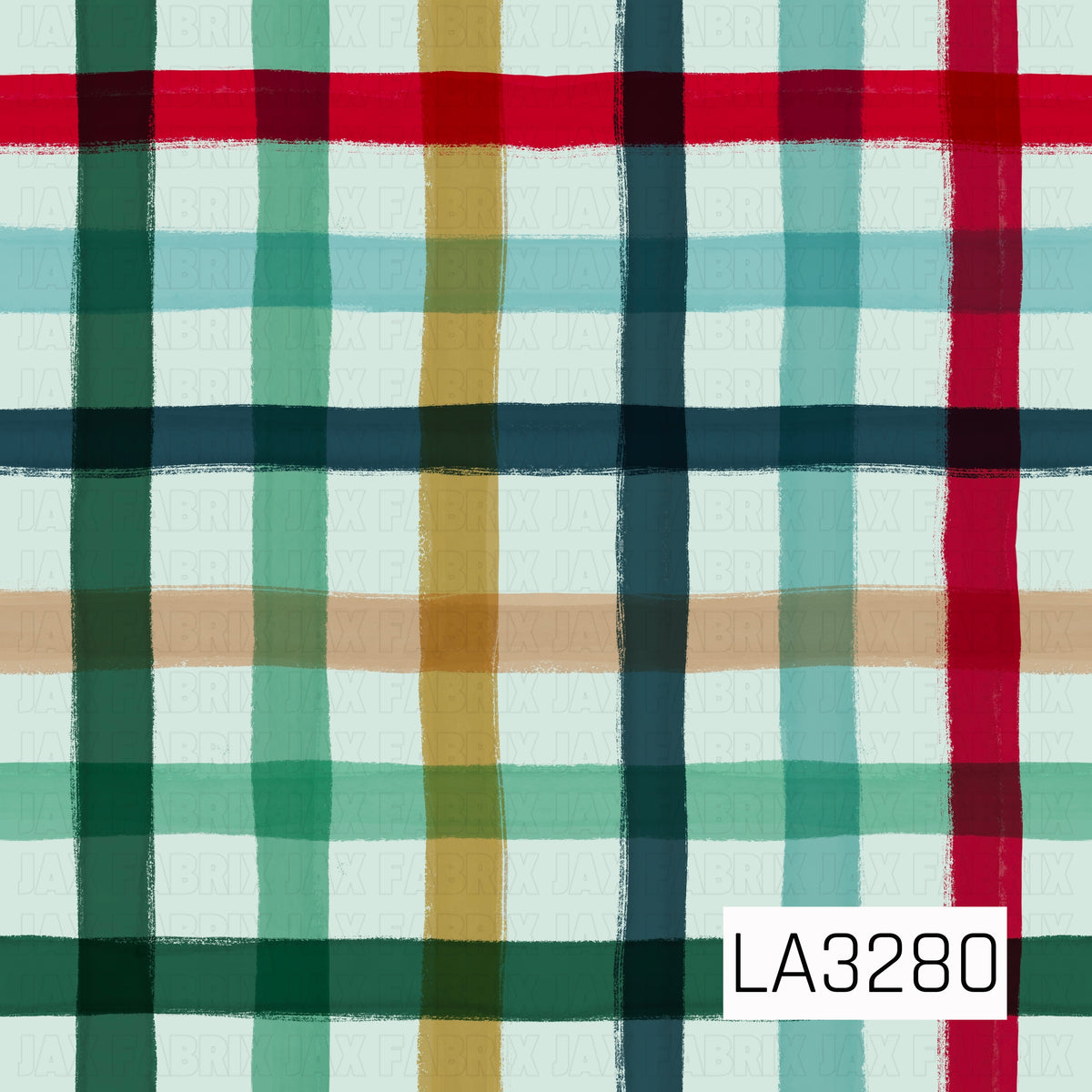 A hand-painted plaid pattern featuring rich red, forest green, mint, aqua, golden mustard, and deep teal stripes on a soft mint background. The layered brushstrokes and slightly uneven edges give it a cozy, artistic look with a festive holiday color palette.
