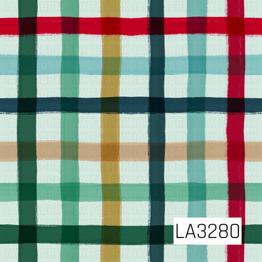 A hand-painted plaid pattern featuring rich red, forest green, mint, aqua, golden mustard, and deep teal stripes on a soft mint background. The layered brushstrokes and slightly uneven edges give it a cozy, artistic look with a festive holiday color palette.
