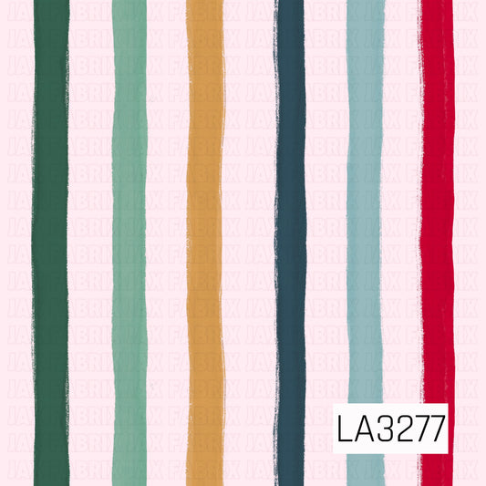 A hand-painted vertical stripe pattern featuring rich green, soft mint, golden tan, deep teal, light blue, and bold red on a pale blush pink background. The uneven brushstroke edges give the stripes a playful, artistic feel.
