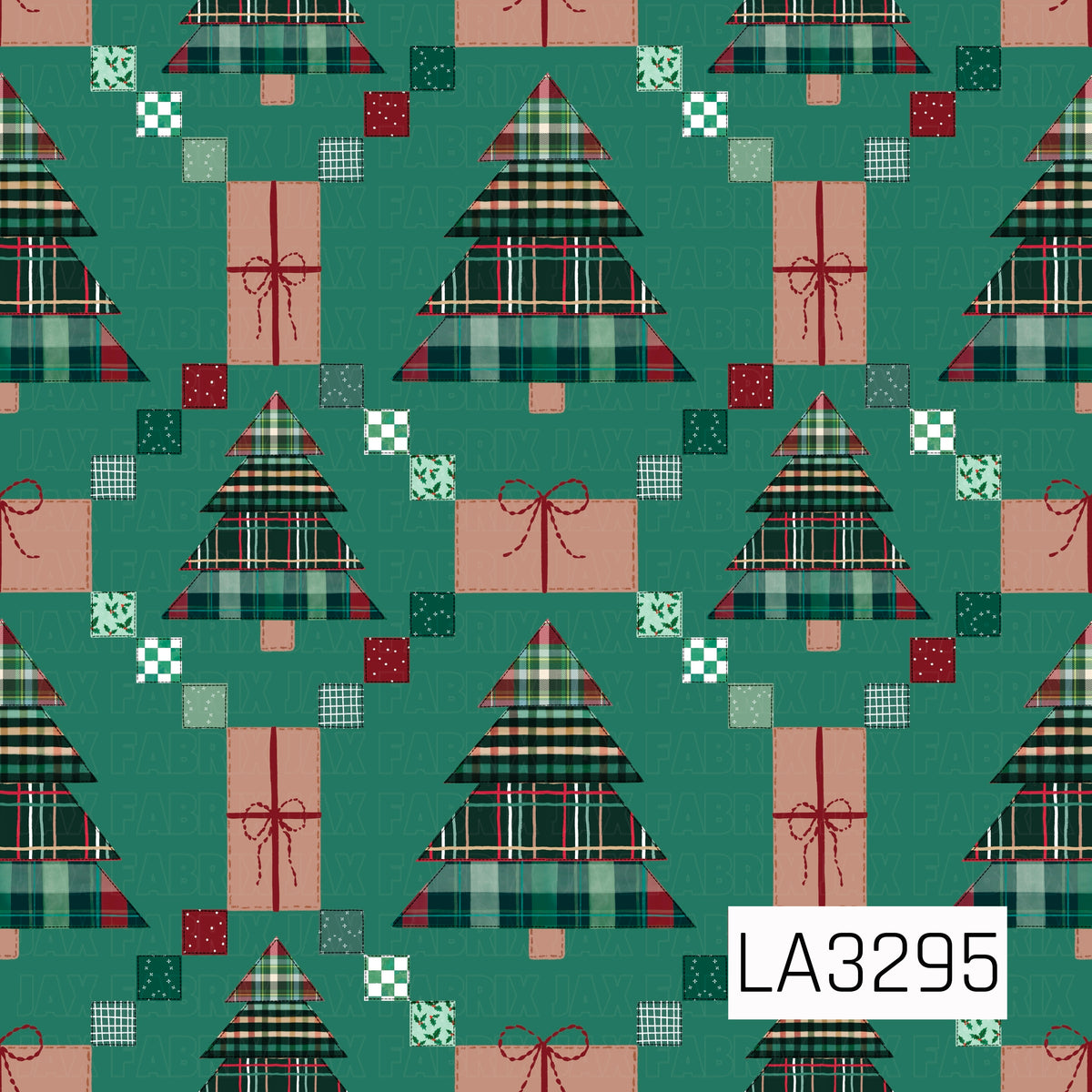 A festive patchwork Christmas design featuring layered trees made from mixed green, red and cream plaids. Wrapped gifts, tiny patterned squares and hand-drawn bow details are scattered across a muted teal background for a cozy, handmade holiday feel.
