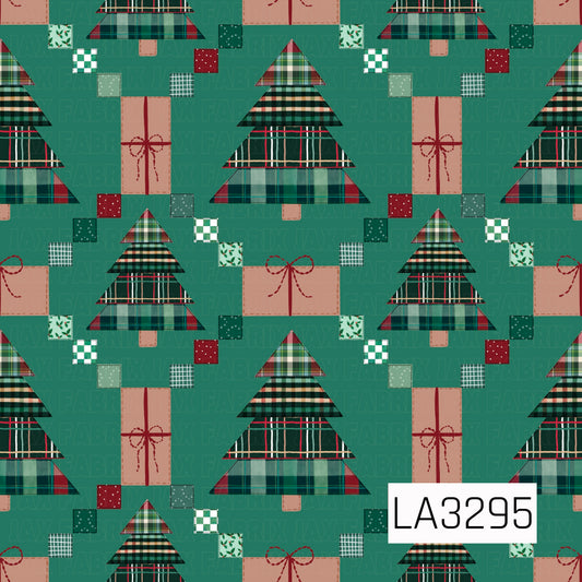 A festive patchwork Christmas design featuring layered trees made from mixed green, red and cream plaids. Wrapped gifts, tiny patterned squares and hand-drawn bow details are scattered across a muted teal background for a cozy, handmade holiday feel.
