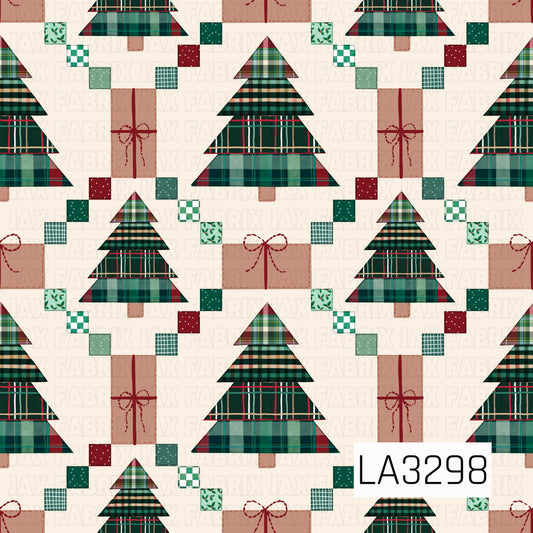 A cozy Christmas pattern featuring patchwork-style trees made from layers of classic plaid, paired with wrapped gifts and scattered mini patterned squares. Deep greens, reds and warm neutrals pop against a soft cream background for a charming handmade holiday feel.
