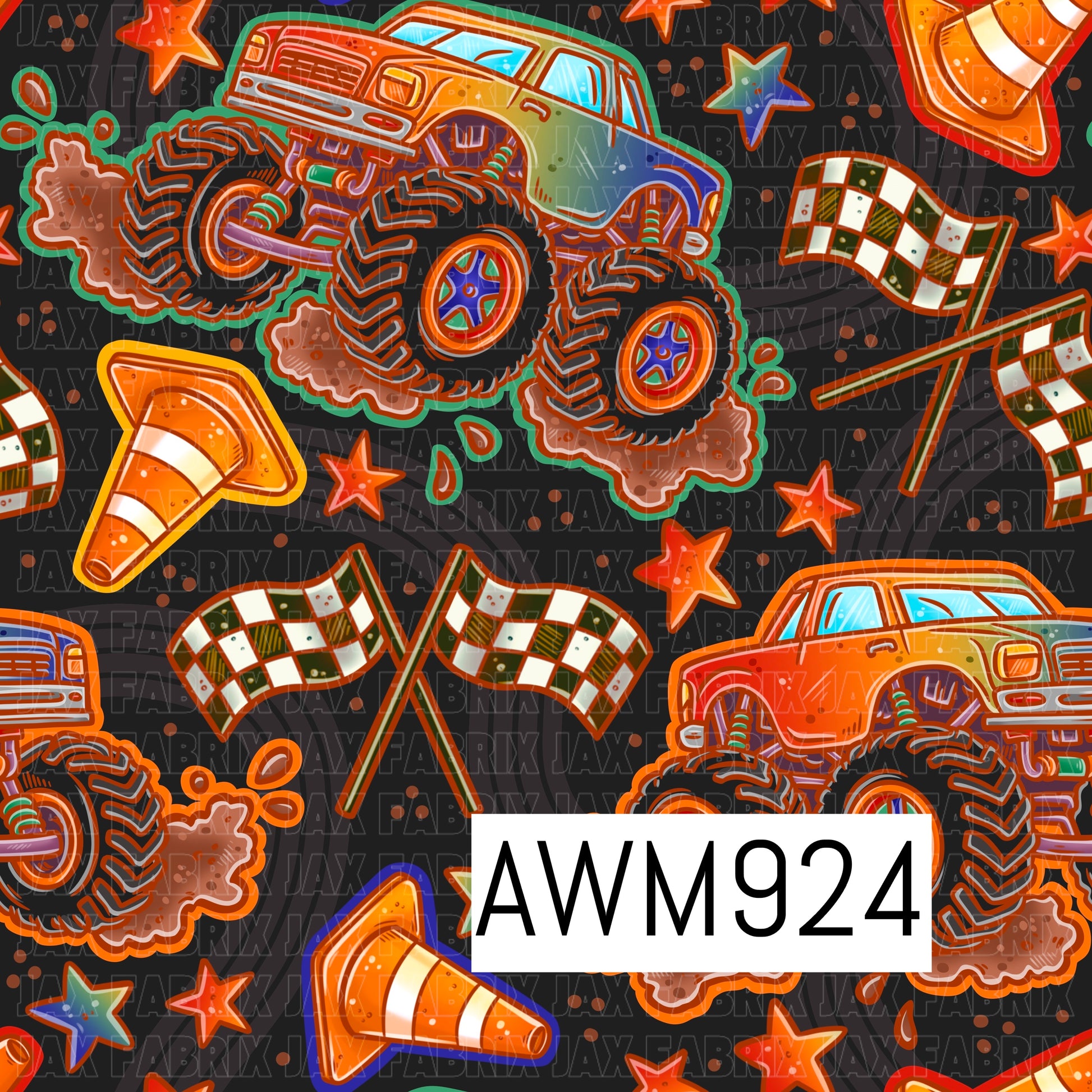 This file features a bold monster truck racing pattern on a dark charcoal background. The design includes oversized lifted monster trucks kicking up mud, orange traffic cones, checkered racing flags, colorful stars, and splatter accents scattered throughout. Bright shades of orange, red, blue, and teal create an energetic motorsports theme, making it perfect for children's apparel, bows, accessories, and racing-inspired fabric projects.