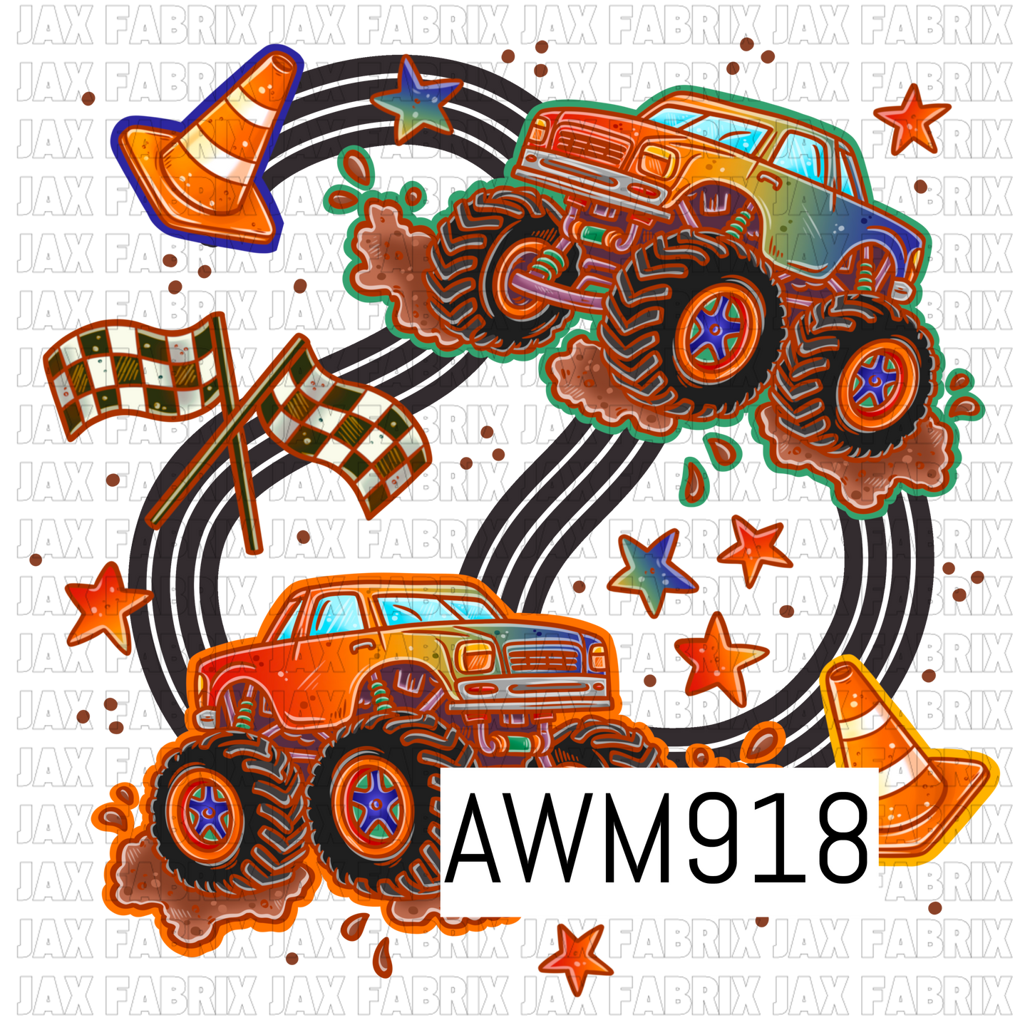 This vibrant PNG design features two oversized monster trucks splashing through mud, surrounded by winding tire tracks, racing flags, traffic cones, and scattered stars. Bright shades of orange, teal, blue, and green create a fun, energetic look, making it perfect for racing and monster truck enthusiasts. The playful cartoon style and action-packed elements give this transparent-background PNG an exciting off-road adventure theme.
