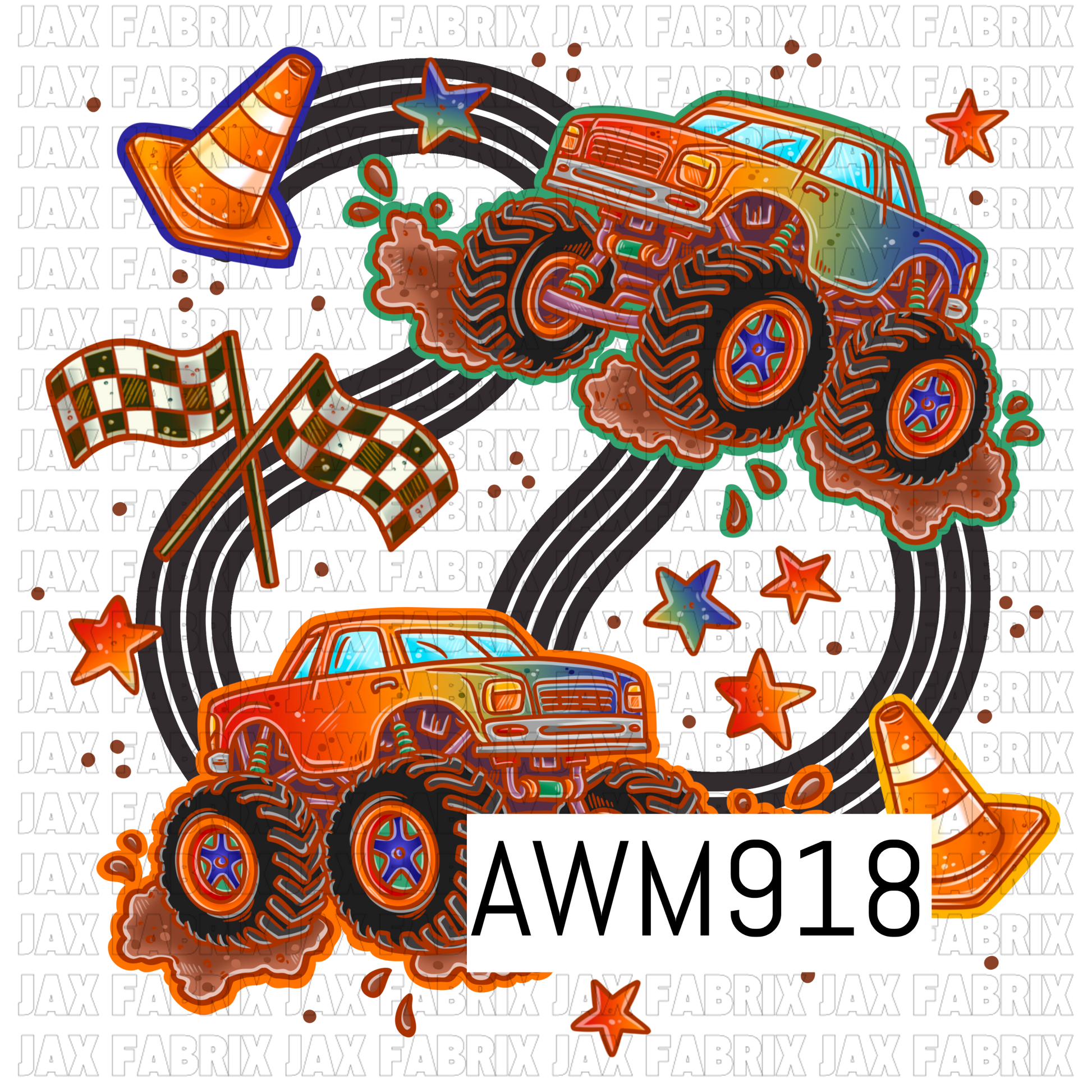 This vibrant PNG design features two oversized monster trucks splashing through mud, surrounded by winding tire tracks, racing flags, traffic cones, and scattered stars. Bright shades of orange, teal, blue, and green create a fun, energetic look, making it perfect for racing and monster truck enthusiasts. The playful cartoon style and action-packed elements give this transparent-background PNG an exciting off-road adventure theme.