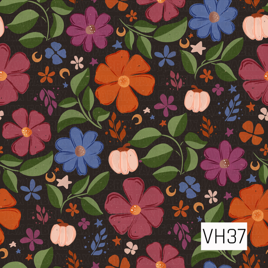 A moody autumn floral featuring rich plum, rust, and blue blooms with leafy greenery, tiny pumpkins, and scattered celestial accents on a charcoal background. This cozy design blends fall florals with whimsical seasonal details for a warm, vintage-inspired look.
