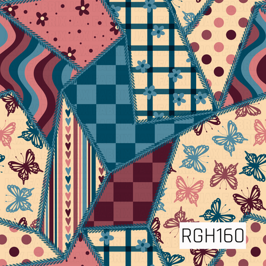 A colorful patchwork mosaic pattern featuring a mix of butterflies, florals, polka dots, checkerboard, plaid, wavy stripes, and hearts in deep plum, dusty mauve, rosy pink, navy, and muted blue. Each irregularly shaped section is outlined with textured blue stitching, creating a playful, vintage-inspired quilted design.