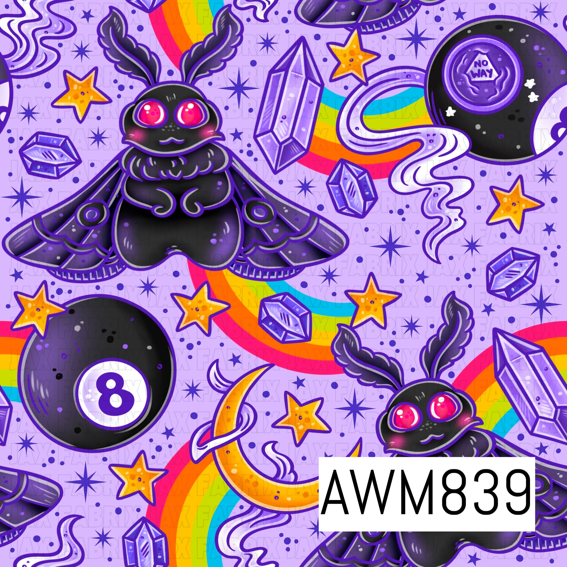 Mystical retro-inspired seamless pattern featuring adorable luna moths with glowing pink eyes, crystal clusters, rainbow accents, crescent moons, stars, magic smoke swirls, and vintage Magic 8 Ball motifs on a soft lavender background. Designed in a vibrant palette of purple, black, pink, orange, and rainbow hues, this whimsical celestial pattern blends cottagecore, witchy, and psychedelic aesthetics, making it perfect for fabrics, faux leather, bows, accessories, and crafting projects.