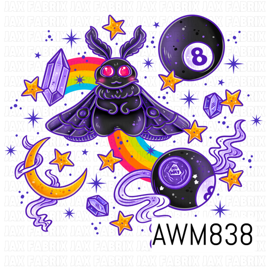 Whimsical celestial clipart collection featuring an adorable luna moth with glowing pink eyes, crystal clusters, crescent moon, sparkling stars, rainbow accents, mystical smoke swirls, and vintage Magic 8 Ball elements. Designed in a bold palette of purple, black, pink, orange, and rainbow hues, this enchanting witchy-retro PNG set blends cosmic, gothic, and psychedelic aesthetics, making it perfect for sublimation, stickers, bow making, apparel, accessories, and crafting projects.