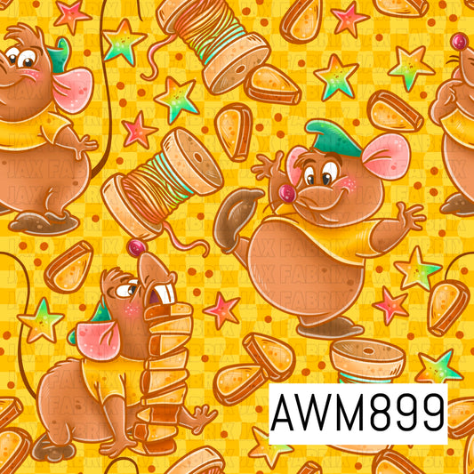 Playful story book inspired seamless pattern featuring cheerful brown mice surrounded by colorful thread spools, sewing notions, whimsical stars, and scattered craft-themed accents. Set against a bright golden yellow checker background, this charming design captures a storybook sewing-room aesthetic with warm tones of brown, teal, pink, and orange, creating a fun and nostalgic repeating pattern perfect for fairy tale and crafting-themed projects.