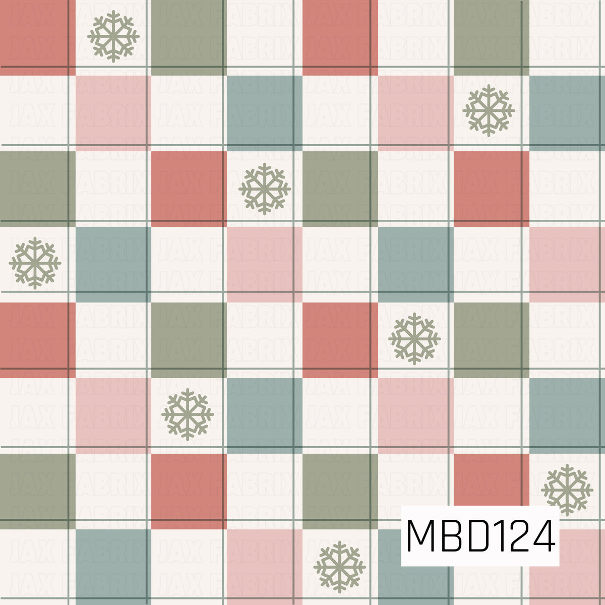 A charming Christmas checkerboard pattern featuring alternating squares of dusty pink, muted sage green, soft teal, and creamy white. Thin sage green grid lines create a classic plaid-inspired look, while scattered olive green snowflakes add a festive winter touch. The soft, muted color palette gives this design a cozy, vintage holiday feel.
