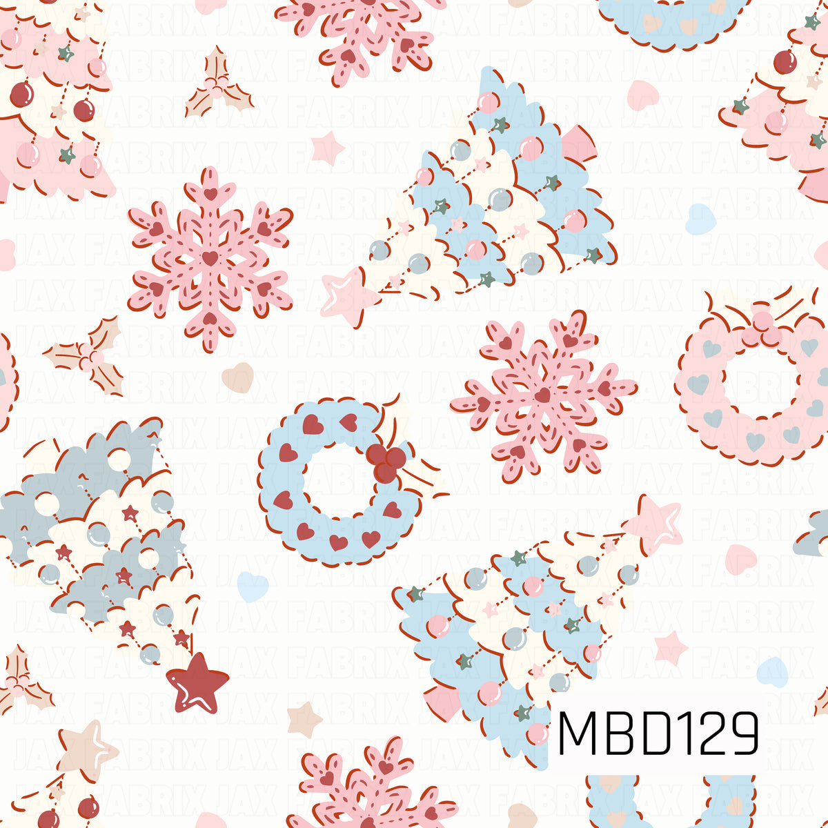 A whimsical Christmas pattern featuring pastel pink and blue Christmas trees decorated with colorful ornaments, tiny stars, and festive garlands. Coordinating heart-covered wreaths, delicate pink snowflakes, holly sprigs, and scattered pastel hearts and stars fill the white background. The soft colors and playful hand-drawn details create a sweet, magical holiday feel.