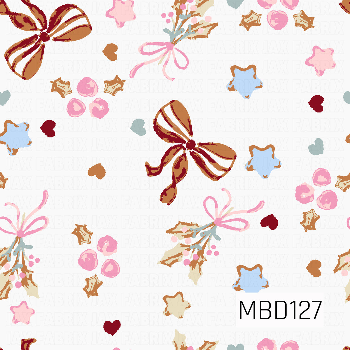 A whimsical Christmas pattern featuring vintage-inspired bows in warm caramel and burgundy, delicate holly sprigs tied with pink ribbons, and clusters of soft pink berries. Scattered pastel blue and pink stars, golden accents, and tiny hearts add a playful touch against a crisp off-white background. The hand-painted details give this design a charming, festive feel.