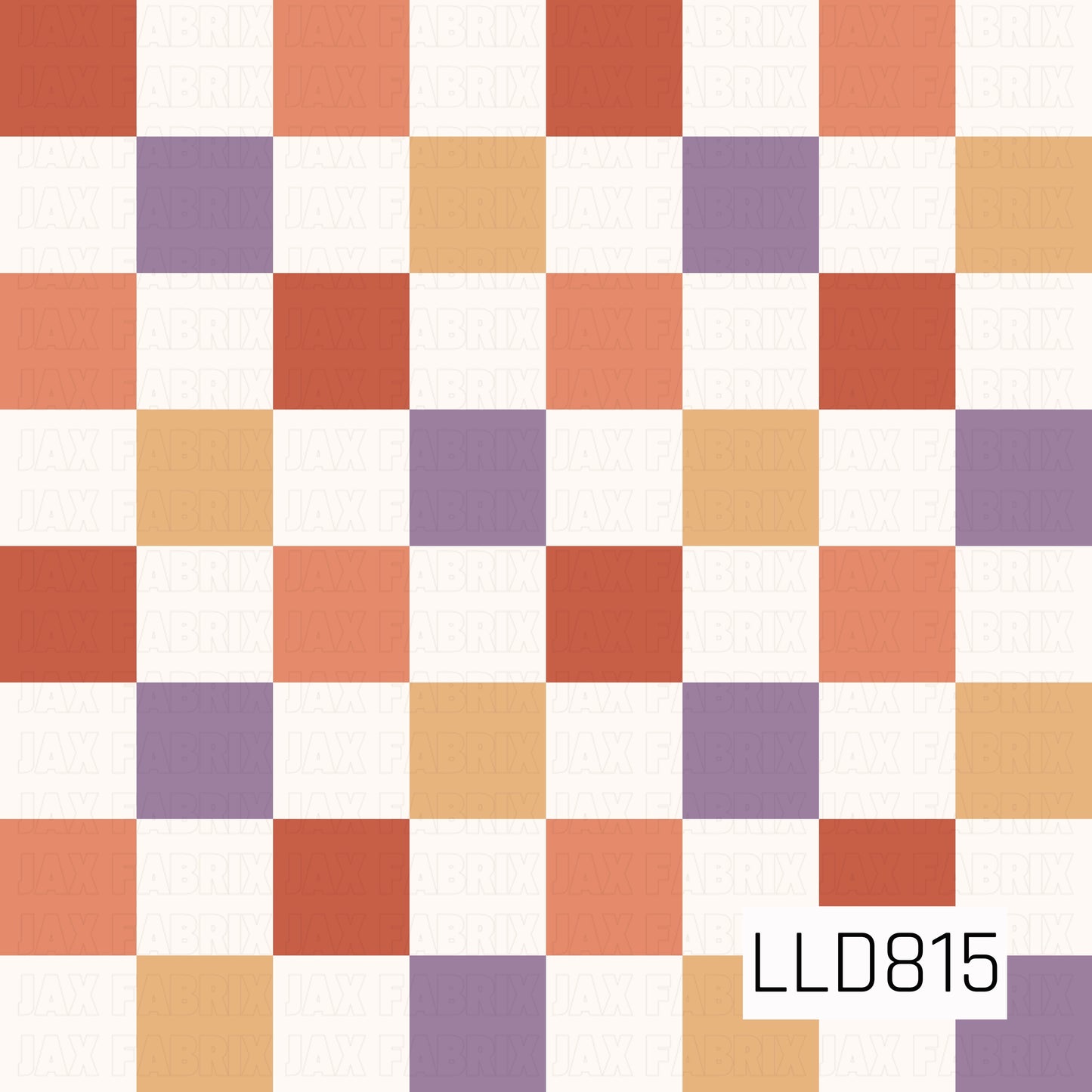 Muted checkerboard pattern featuring terracotta, peach, cream, lavender, and mustard squares in a playful patchwork layout.
