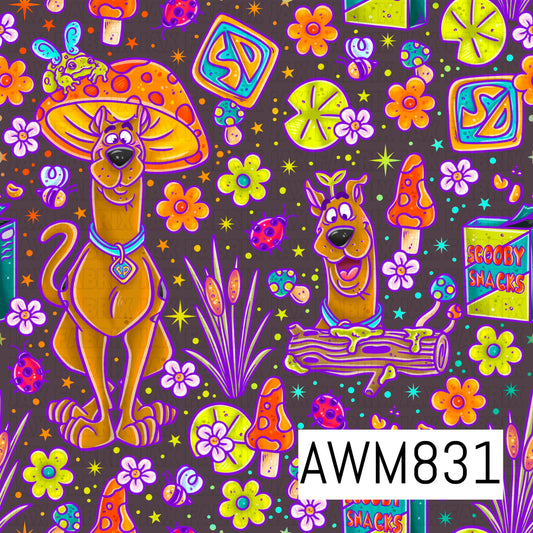 A vibrant retro-inspired seamless pattern featuring two playful mystery dogs surrounded by whimsical mushrooms, groovy flowers, lily pads, cattails, buzzing bees, ladybugs, stars, and colorful snack boxes. Bold neon shades of orange, lime green, teal, and purple pop against a dark charcoal background, creating a fun psychedelic woodland design with a nostalgic cartoon vibe.