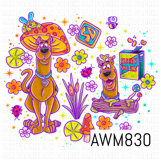 A vibrant retro-inspired PNG featuring two playful mystery dogs surrounded by whimsical mushrooms, groovy flowers, lily pads, cattails, buzzing bees, ladybugs, colorful stars, and a snack box. Bright neon shades of orange, lime green, teal, and purple create a bold psychedelic aesthetic, making this design perfect for fun, nostalgic crafting projects.