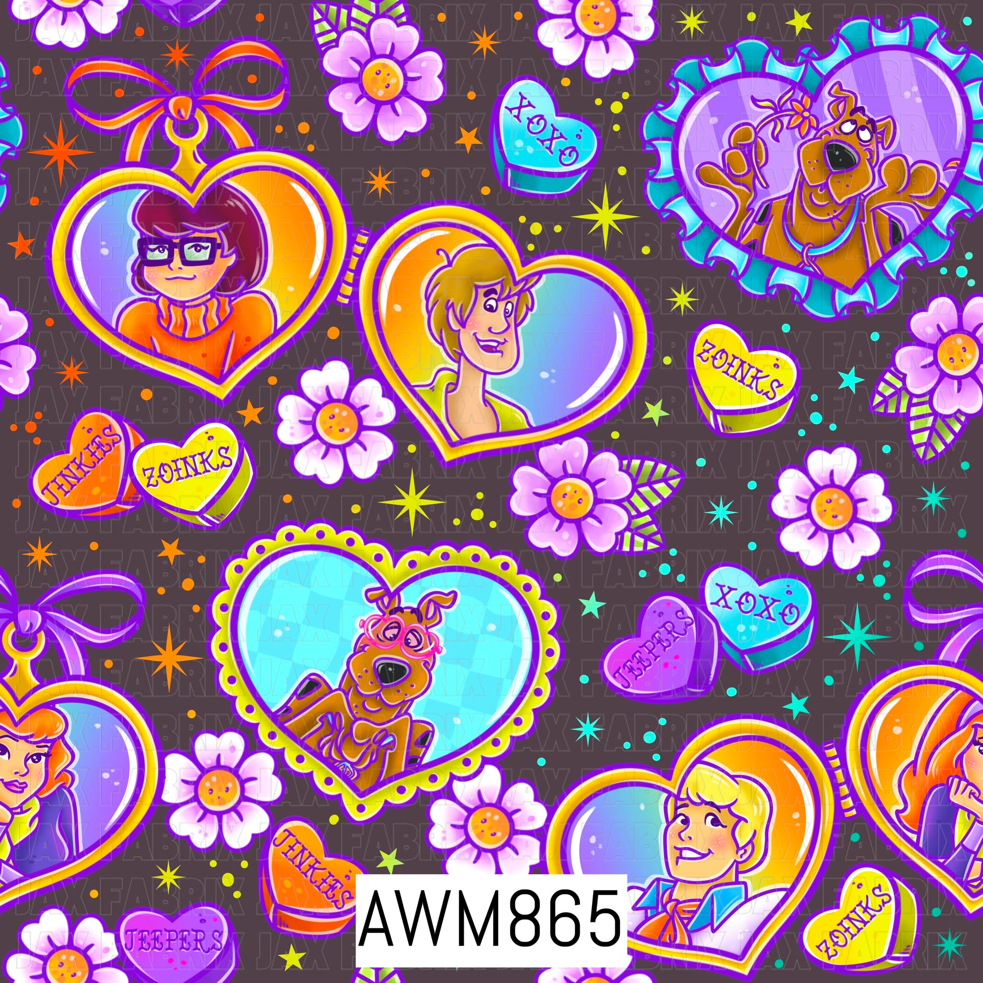 A playful Valentine-inspired mystery gang pattern featuring cartoon friends and their lovable canine companion displayed inside colorful heart-shaped frames. Surrounded by candy hearts, bows, flowers, and sparkling stars on a dark background, the design combines vibrant purple, orange, teal, and yellow hues to create a fun, nostalgic, and love-themed retro aesthetic.
