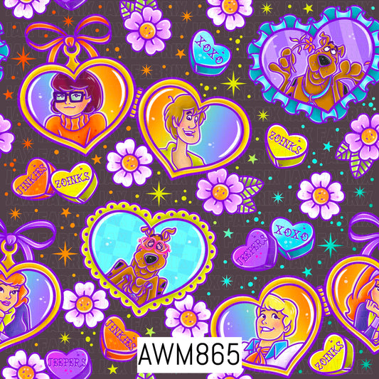 A playful Valentine-inspired mystery gang pattern featuring cartoon friends and their lovable canine companion displayed inside colorful heart-shaped frames. Surrounded by candy hearts, bows, flowers, and sparkling stars on a dark background, the design combines vibrant purple, orange, teal, and yellow hues to create a fun, nostalgic, and love-themed retro aesthetic.