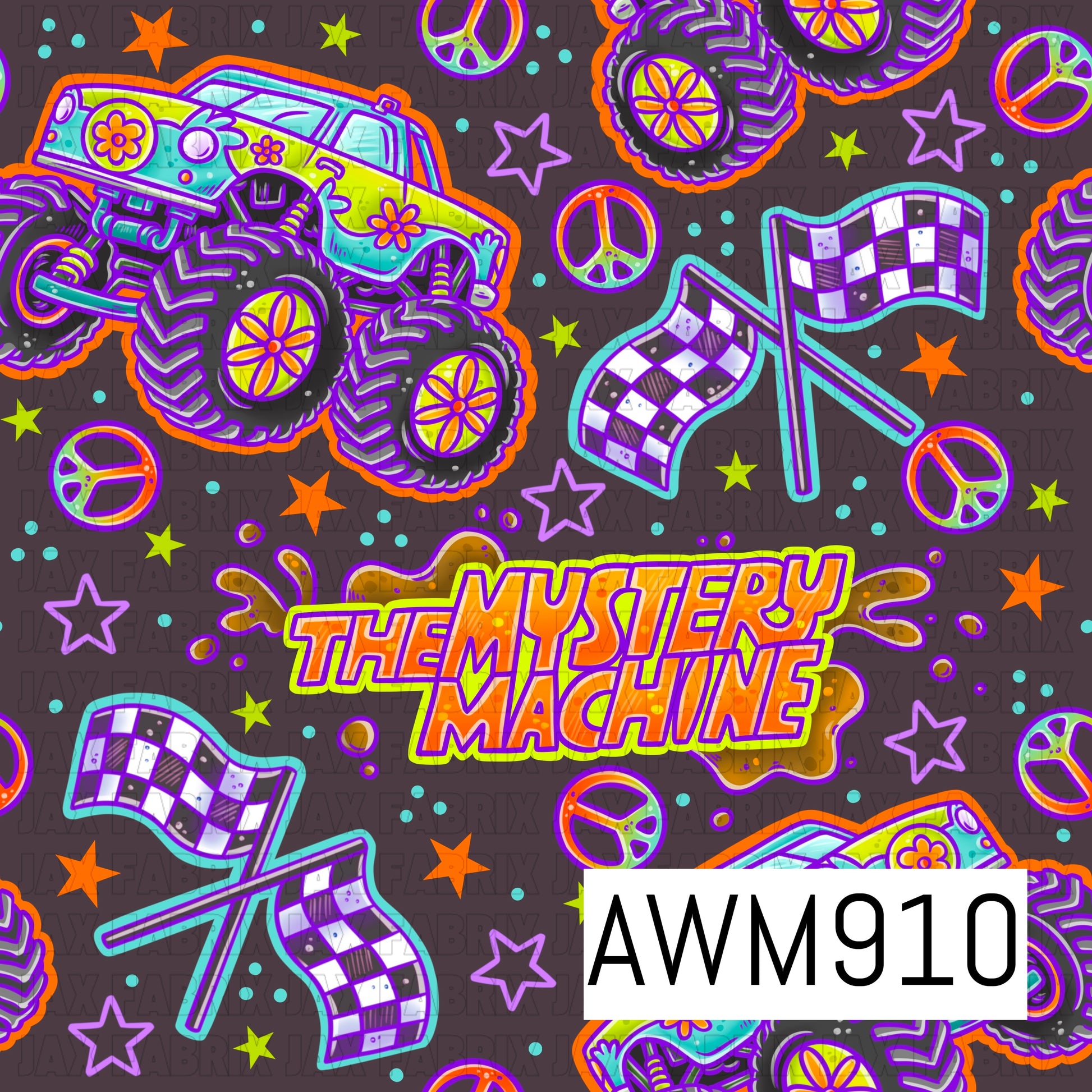 Vibrant retro monster truck seamless pattern featuring colorful lifted trucks, oversized tires, checkered racing flags, peace signs, stars, and playful splatter accents in the background. Designed in bold neon shades of purple, teal, lime green, orange, and yellow, this energetic racing-inspired print combines groovy 70s vibes with motorsports fun, creating a bright and eye-catching repeating pattern.