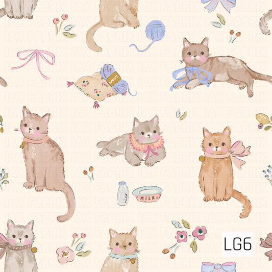 A whimsical hand-painted cat pattern featuring sweet kitties dressed up with oversized bows, ruffled collars, and dainty accessories. Balls of yarn, tiny florals, milk bottles, and other playful details are scattered throughout in soft pink, periwinkle blue, warm neutrals, and muted pastels for a charming storybook feel.
