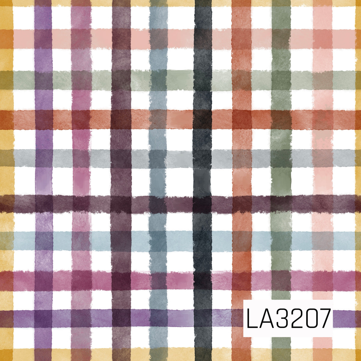 A hand-painted plaid featuring mustard yellow, purple, mauve, dusty blue, cream, sage green, rust, blush pink, and charcoal on a crisp white background. The textured, imperfect brushstrokes give it a soft, artistic feel with a colorful rustic palette.
