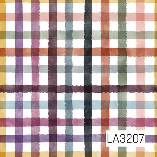 A hand-painted plaid featuring mustard yellow, purple, mauve, dusty blue, cream, sage green, rust, blush pink, and charcoal on a crisp white background. The textured, imperfect brushstrokes give it a soft, artistic feel with a colorful rustic palette.
