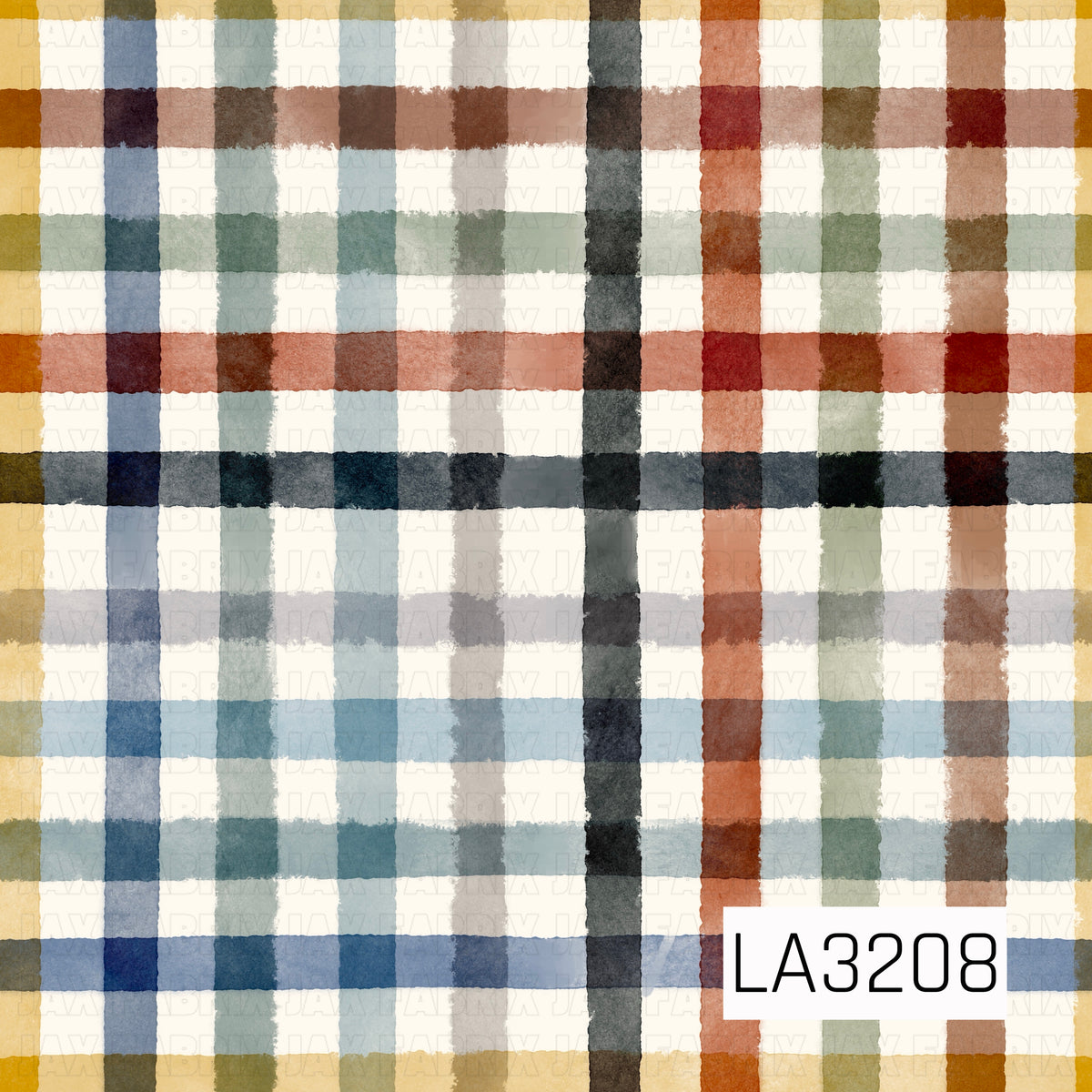A hand-painted plaid featuring a warm mix of mustard yellow, dusty blue, sage green, rust, terracotta, brown, charcoal, and soft peach on a creamy off-white background. The uneven watercolor-style brushstrokes give the pattern a cozy, rustic feel with a muted neutral color palette.

