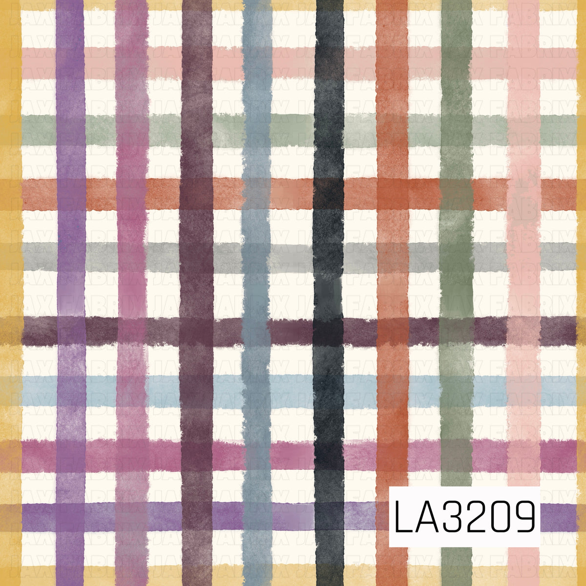 A hand-painted plaid featuring a colorful mix of mustard yellow, purple, mauve, dusty pink, slate blue, sage green, rust, charcoal, and soft peach on a creamy off-white background. The uneven watercolor-style brushstrokes give it a cozy, artistic feel with a playful mix of muted colors.
